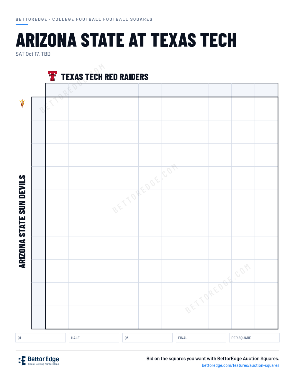 Arizona State at Texas Tech squares, free printable 10x10 football squares grid