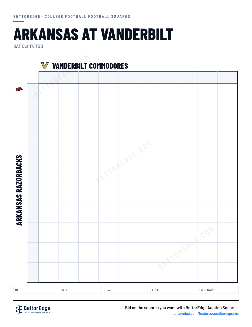 Arkansas at Vanderbilt squares, free printable 10x10 football squares grid