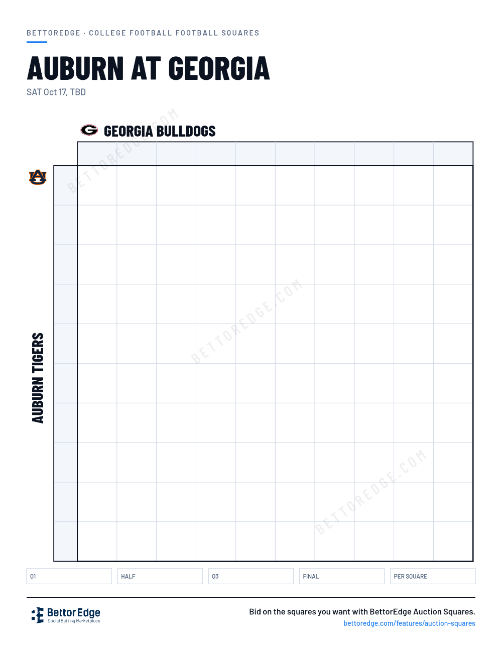 Auburn at Georgia squares, free printable 10x10 football squares grid