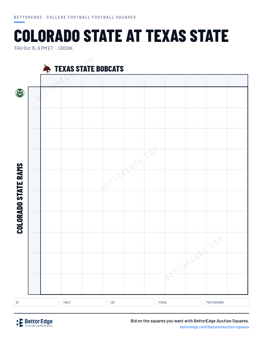 Colorado State at Texas State squares, free printable 10x10 football squares grid