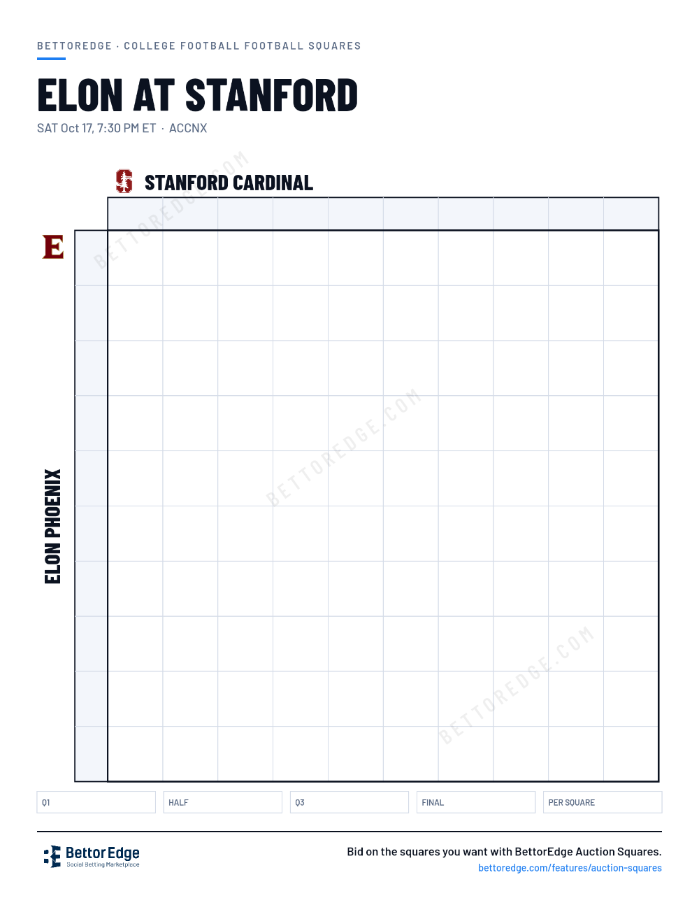 Elon at Stanford squares, free printable 10x10 football squares grid