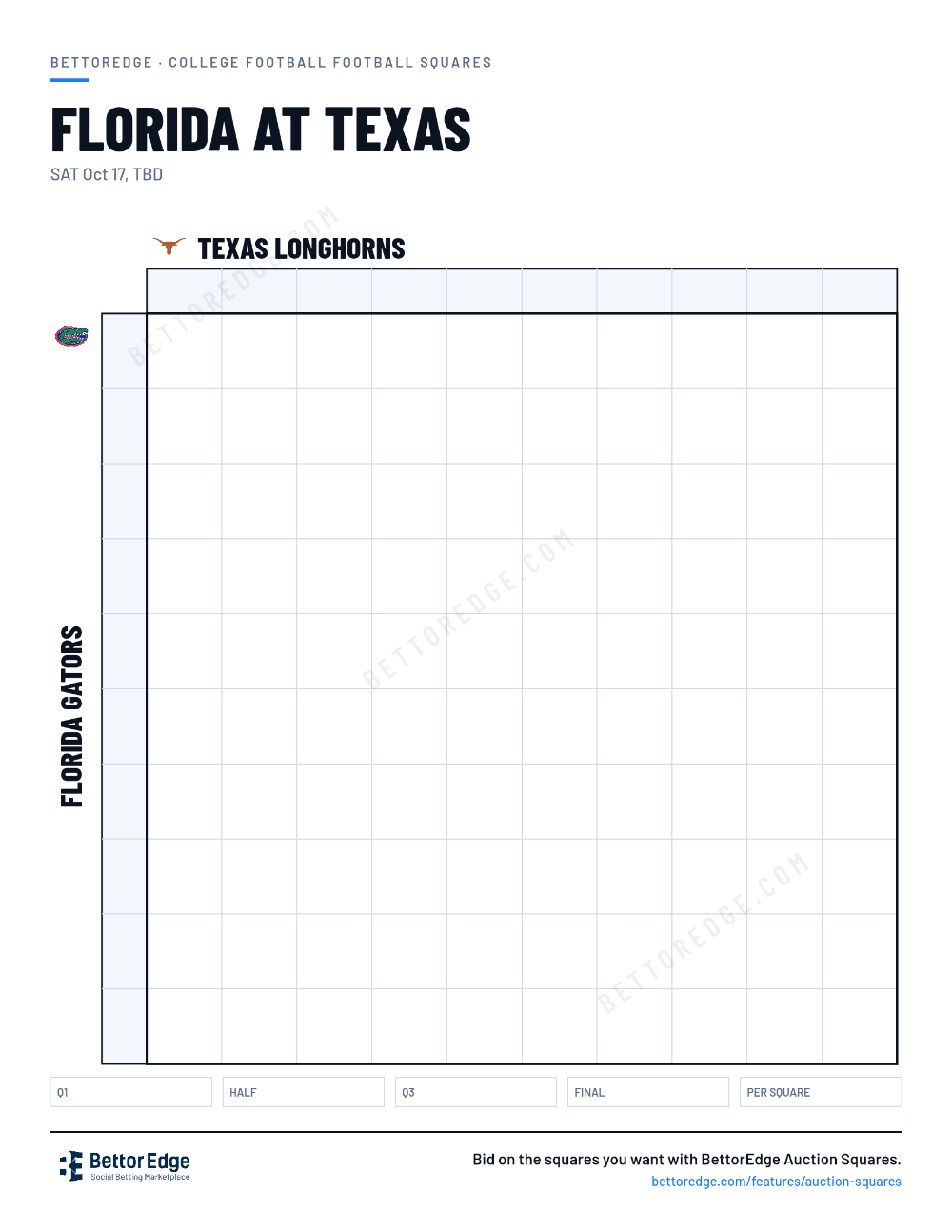 Florida at Texas squares, free printable 10x10 football squares grid