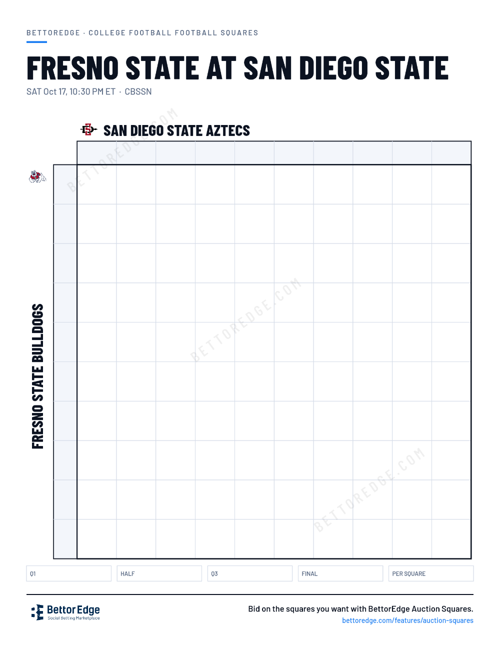 Fresno State at San Diego State squares, free printable 10x10 football squares grid