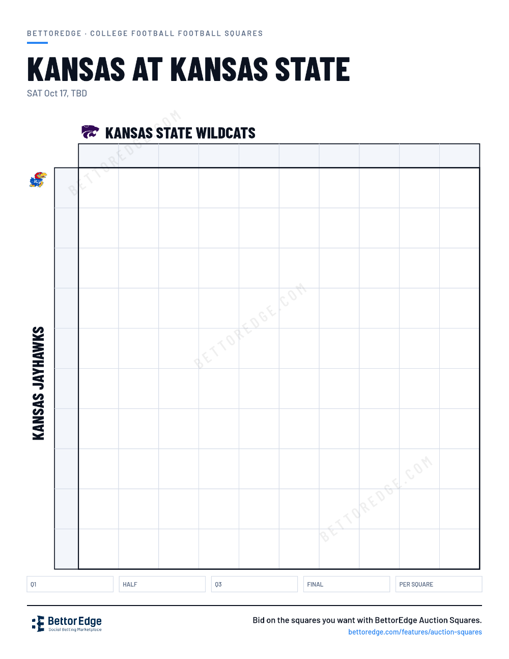 Kansas at Kansas State squares, free printable 10x10 football squares grid