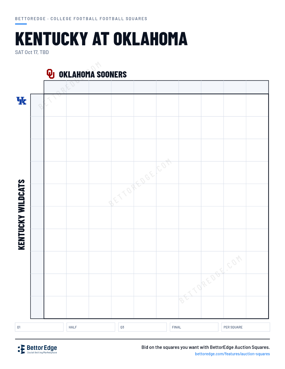 Kentucky at Oklahoma squares, free printable 10x10 football squares grid