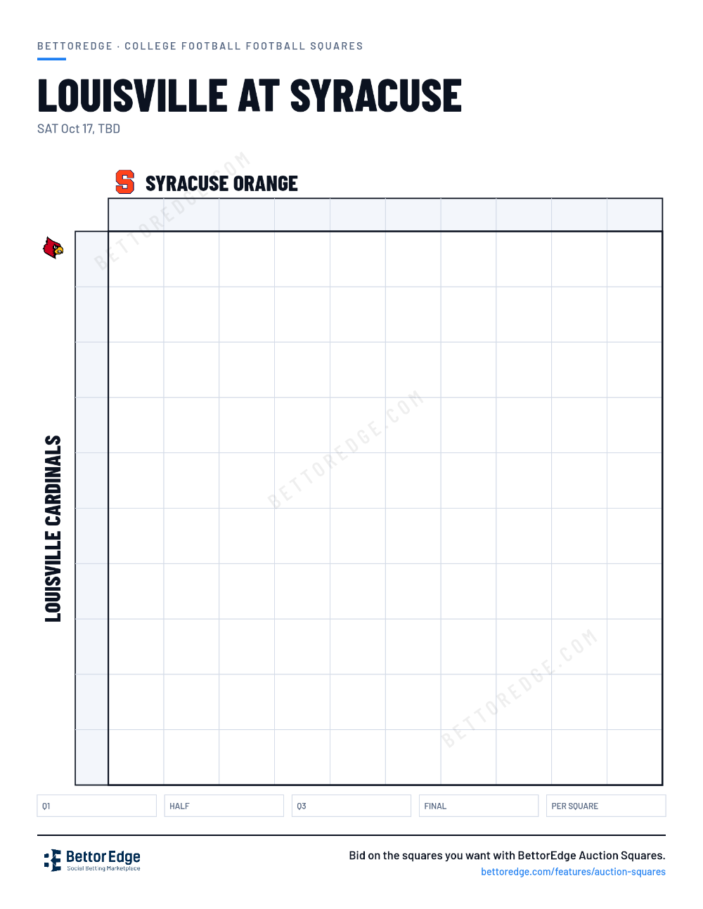 Louisville at Syracuse squares, free printable 10x10 football squares grid