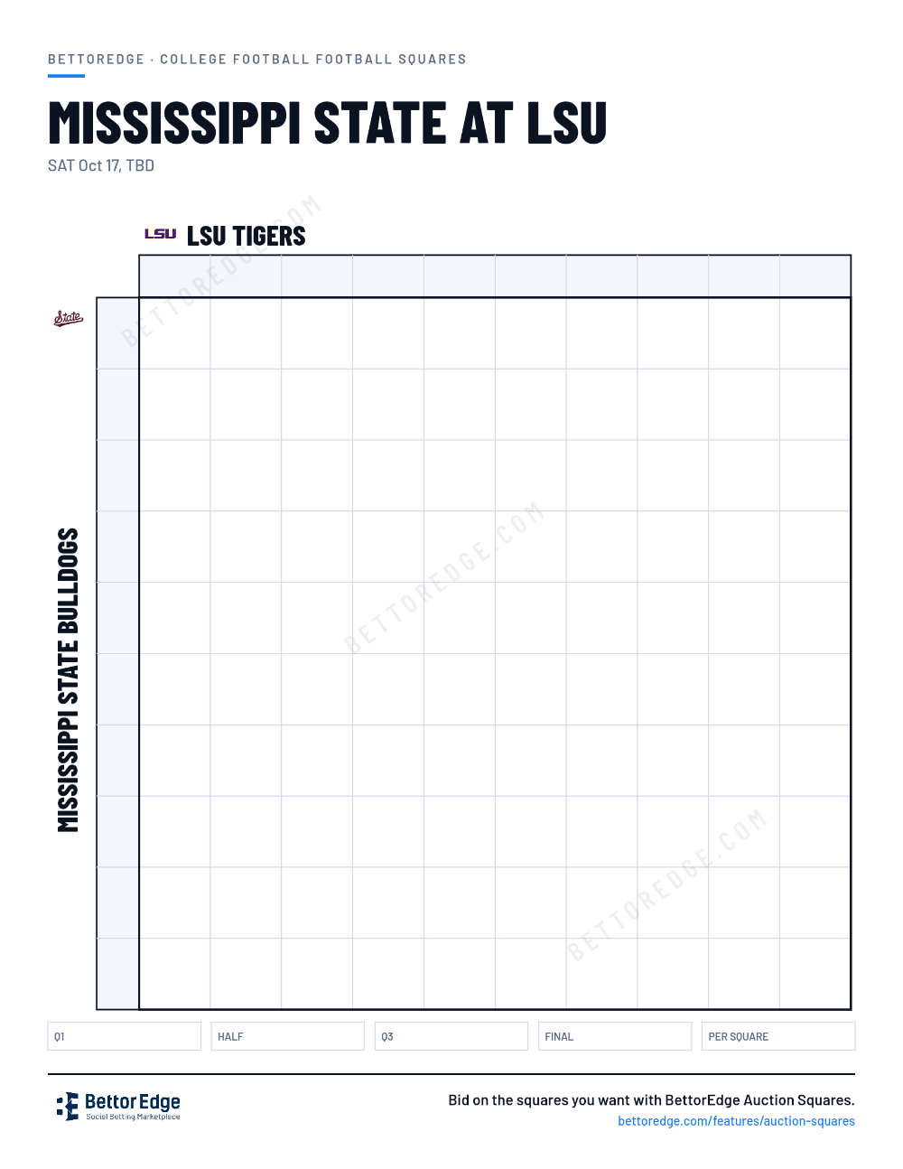 Mississippi State at LSU squares, free printable 10x10 football squares grid