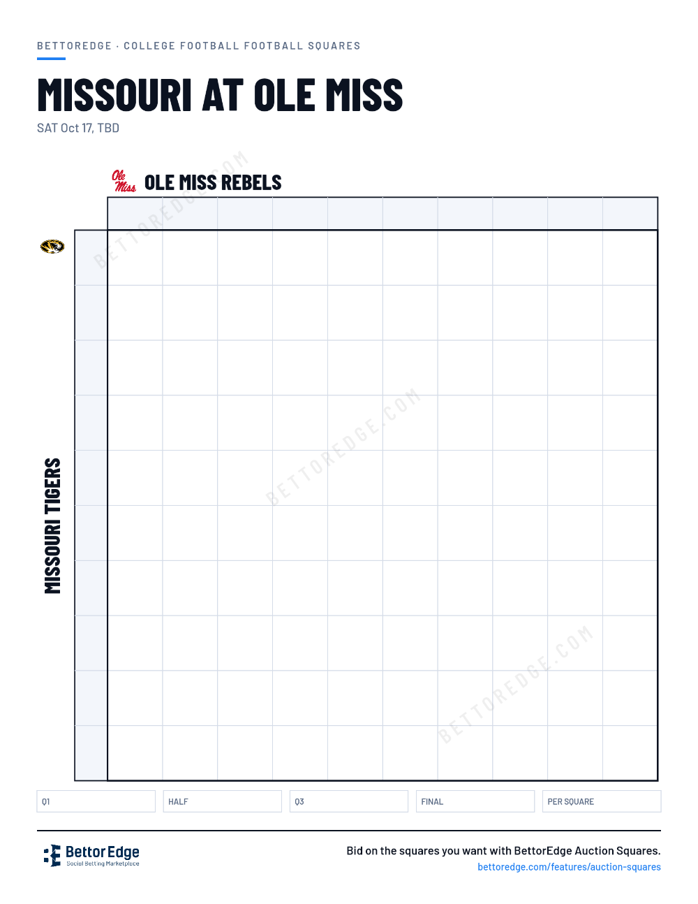 Missouri at Ole Miss squares, free printable 10x10 football squares grid