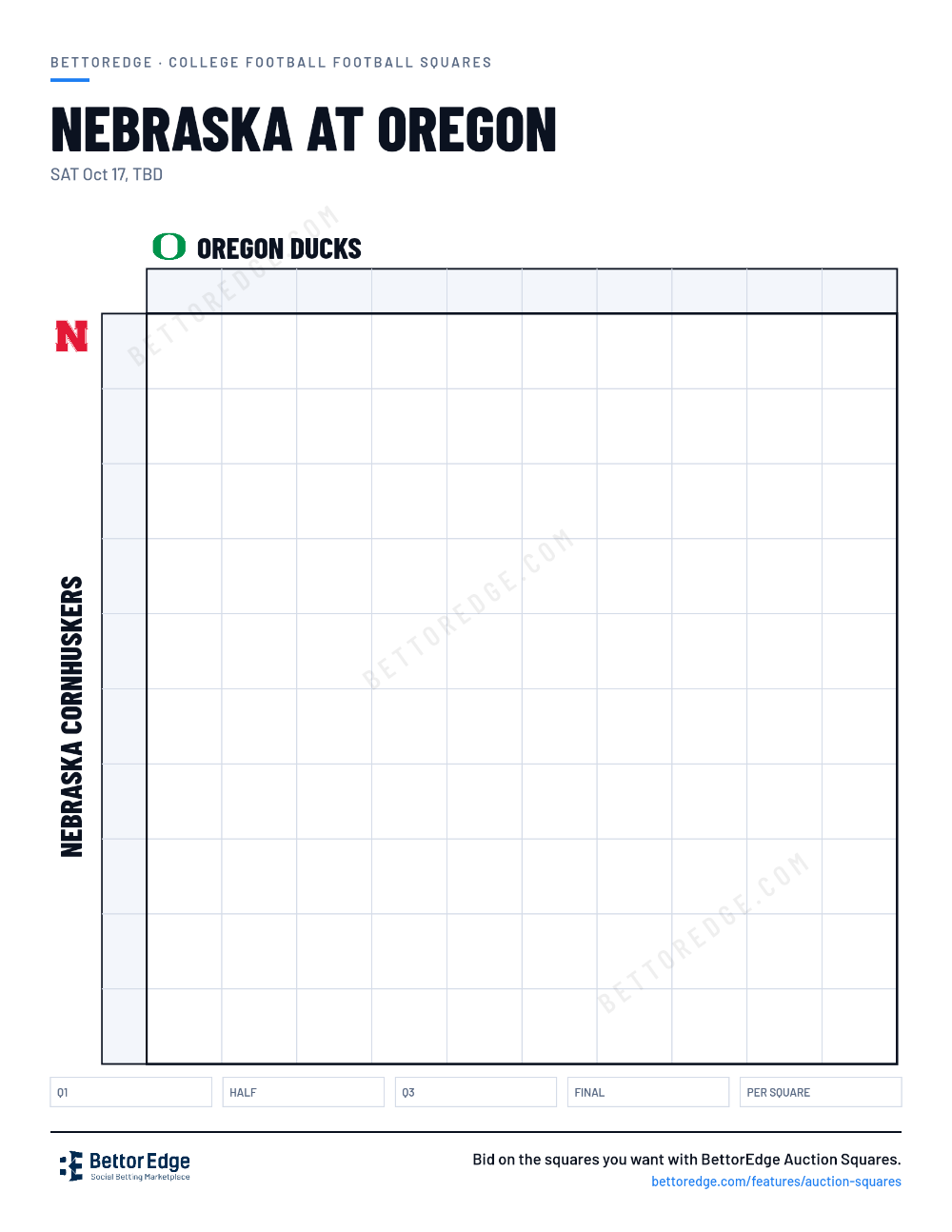 Nebraska at Oregon squares, free printable 10x10 football squares grid