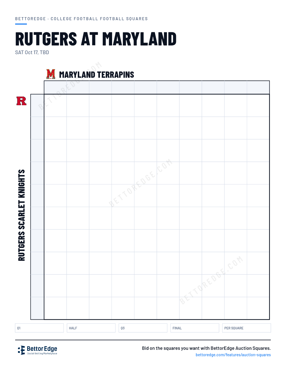 Rutgers at Maryland squares, free printable 10x10 football squares grid