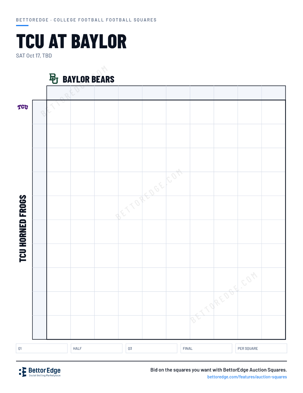 TCU at Baylor squares, free printable 10x10 football squares grid