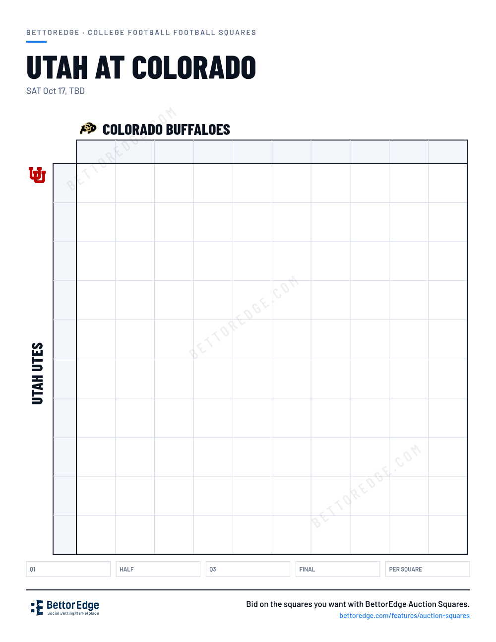 Utah at Colorado squares, free printable 10x10 football squares grid