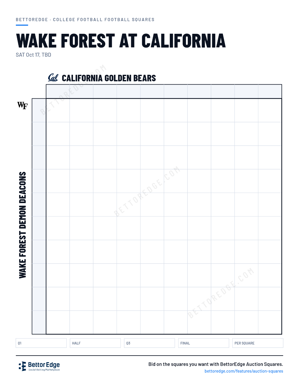 Wake Forest at California squares, free printable 10x10 football squares grid