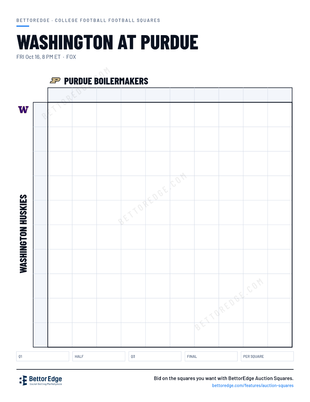 Washington at Purdue squares, free printable 10x10 football squares grid