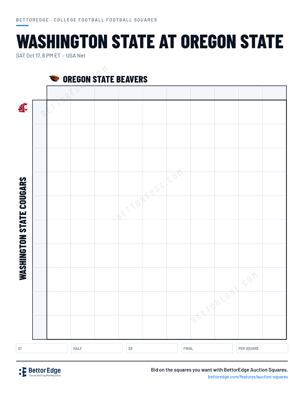 Washington State at Oregon State squares, free printable 10x10 football squares grid