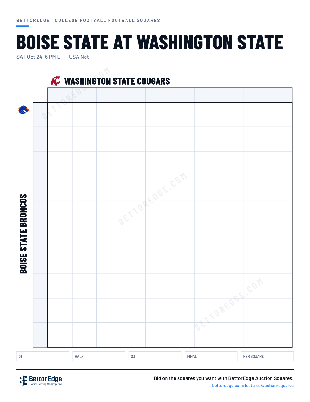 Boise State at Washington State squares, free printable 10x10 football squares grid