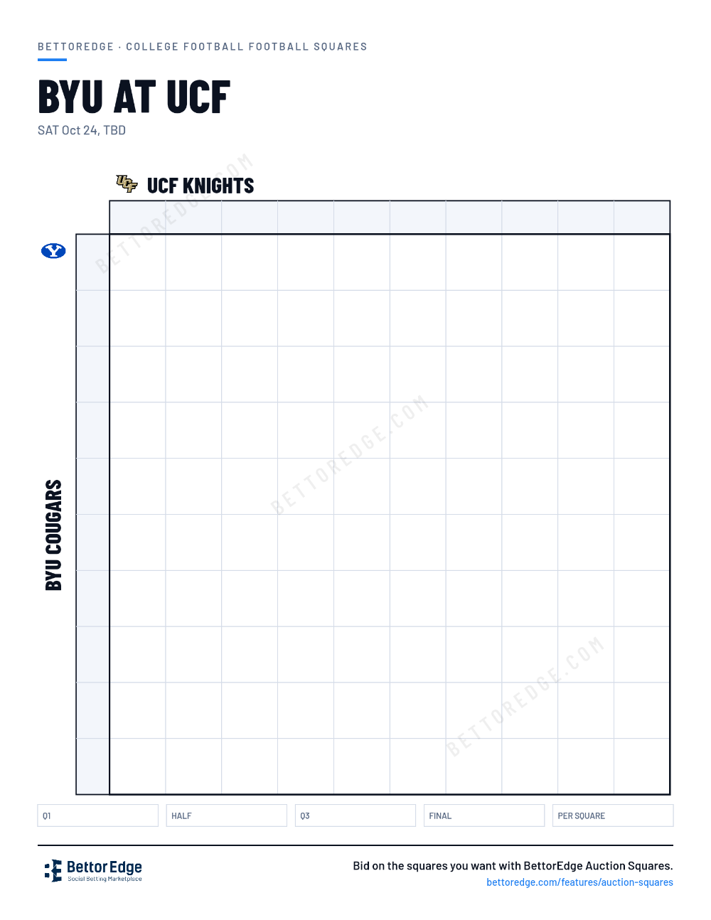 BYU at UCF squares, free printable 10x10 football squares grid