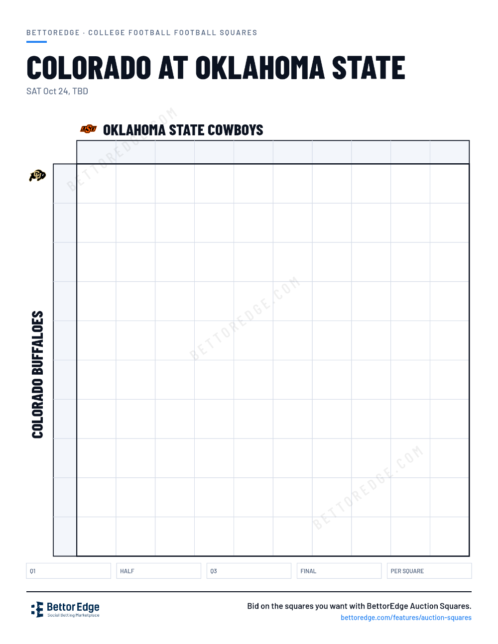 Colorado at Oklahoma State squares, free printable 10x10 football squares grid