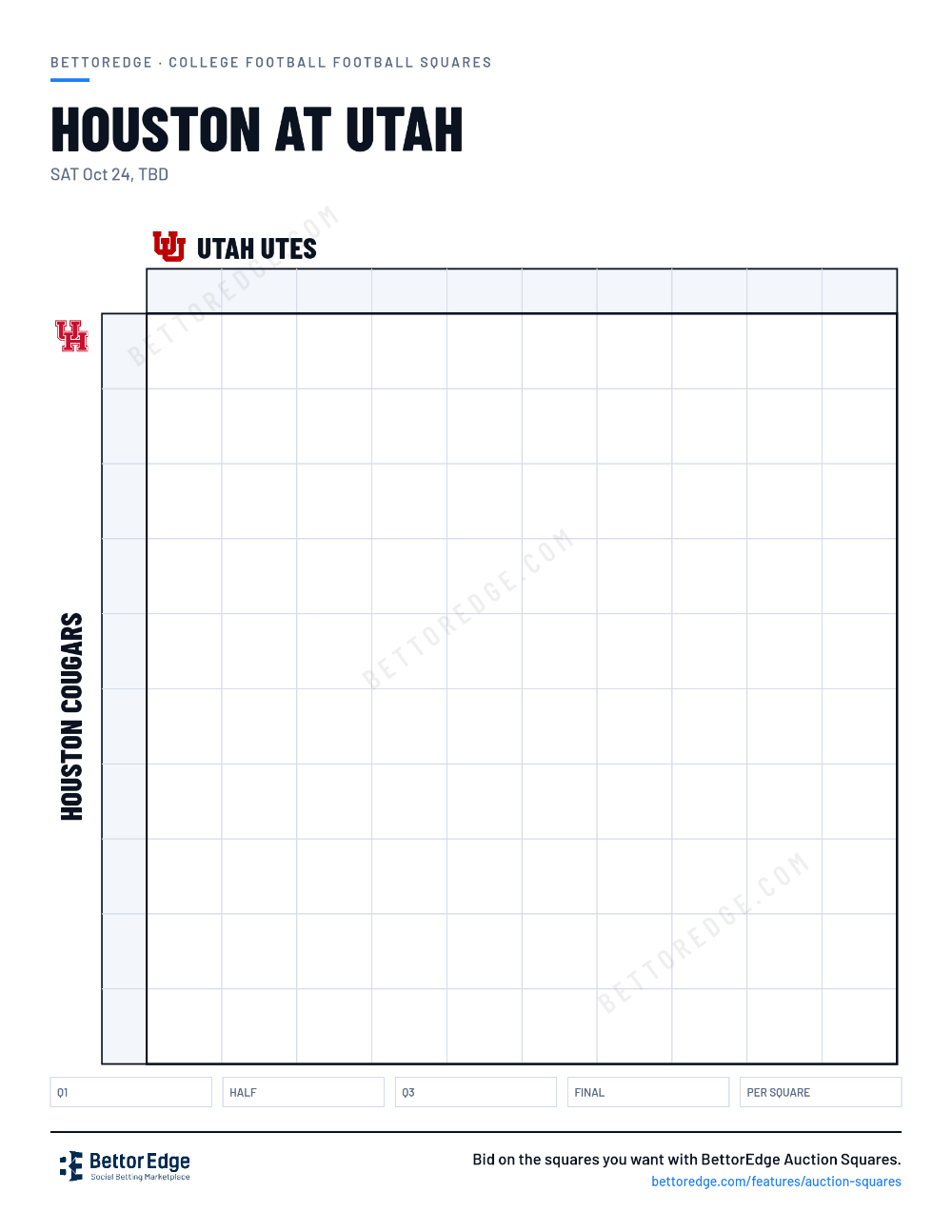 Houston at Utah squares, free printable 10x10 football squares grid