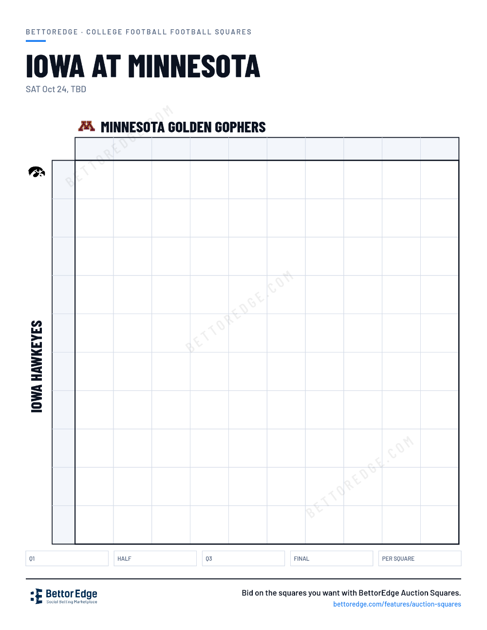 Iowa at Minnesota squares, free printable 10x10 football squares grid