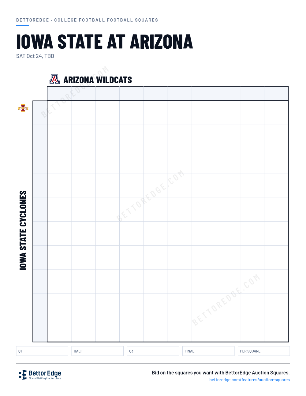 Iowa State at Arizona squares, free printable 10x10 football squares grid