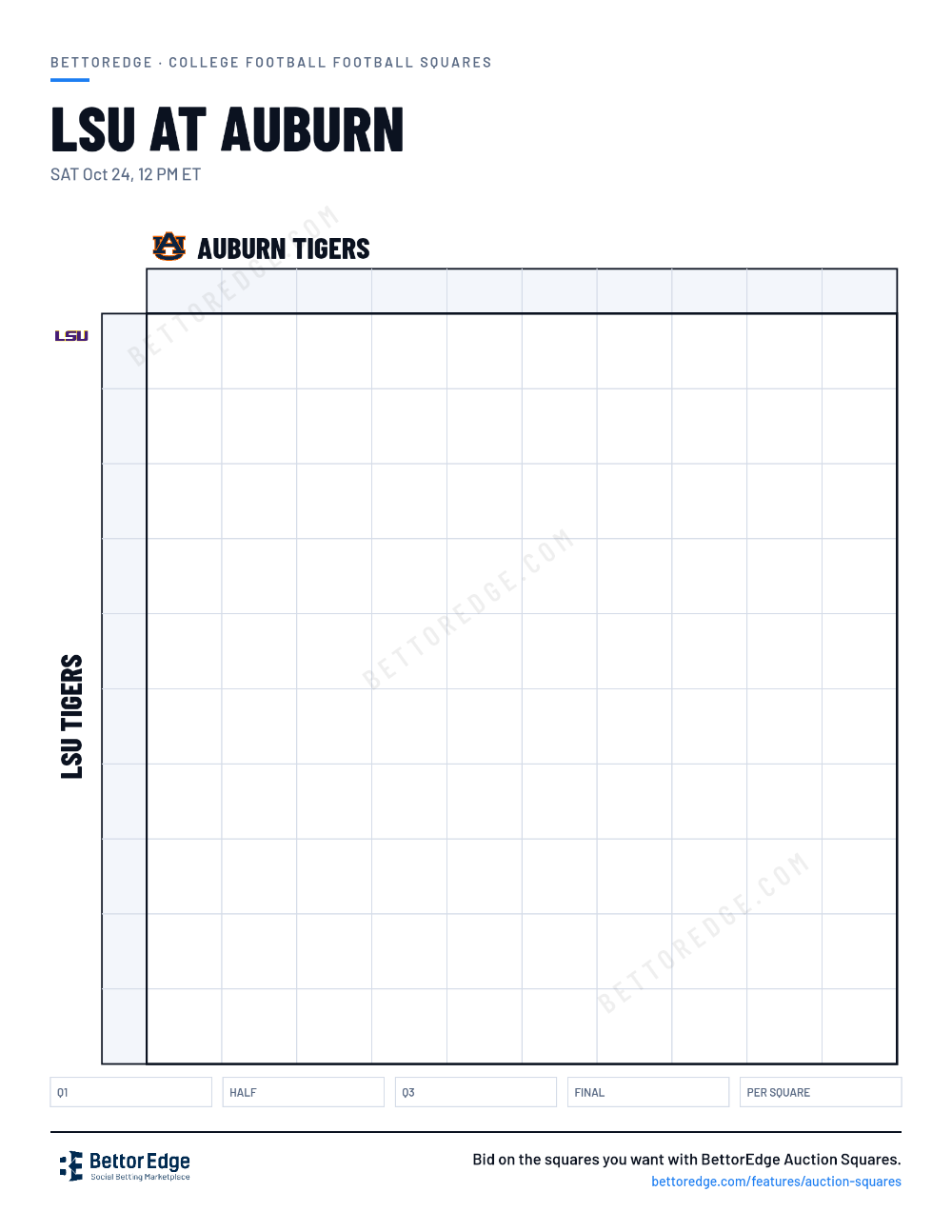 LSU at Auburn squares, free printable 10x10 football squares grid