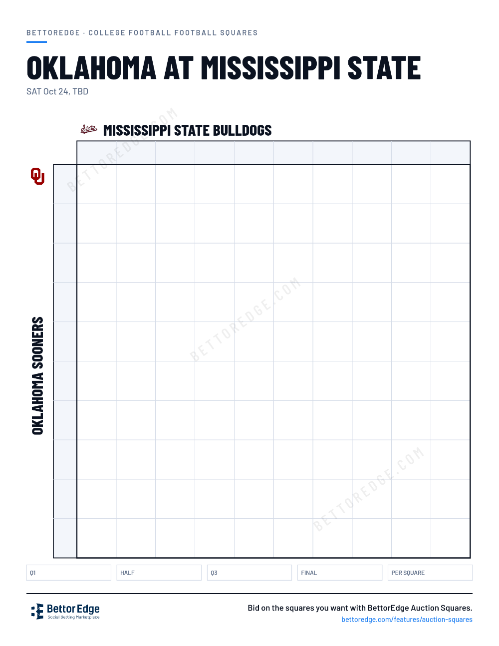 Oklahoma at Mississippi State squares, free printable 10x10 football squares grid