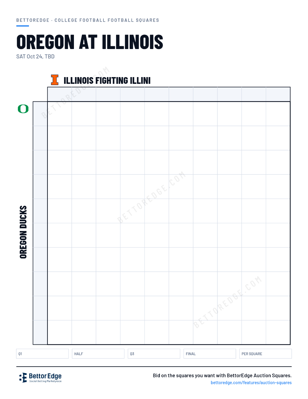 Oregon at Illinois squares, free printable 10x10 football squares grid