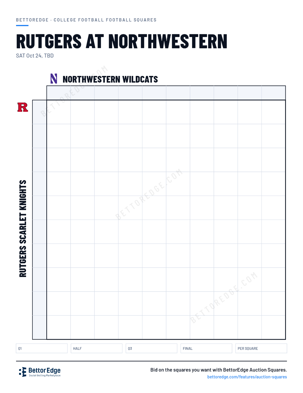 Rutgers at Northwestern squares, free printable 10x10 football squares grid