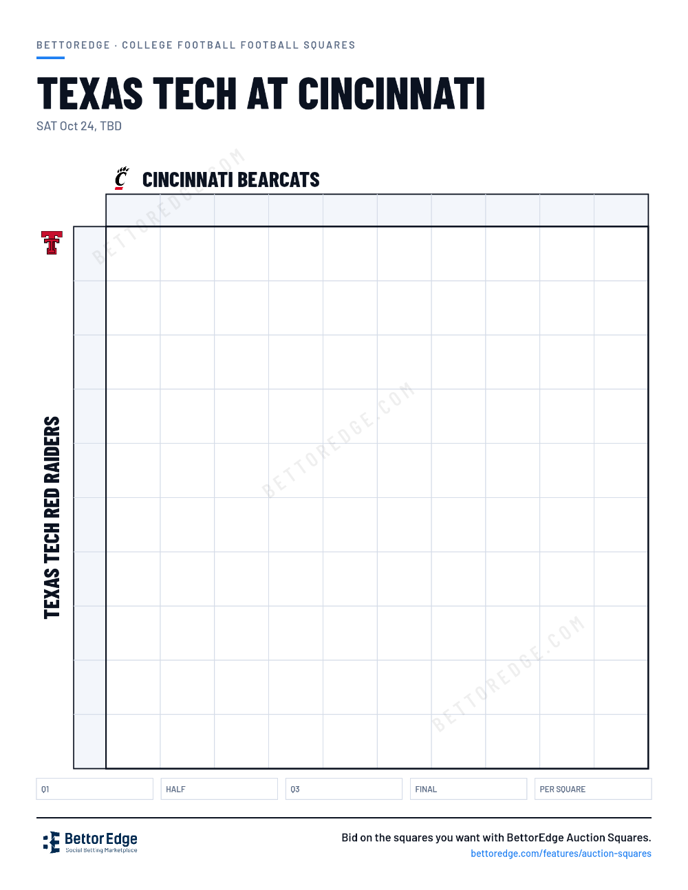 Texas Tech at Cincinnati squares, free printable 10x10 football squares grid