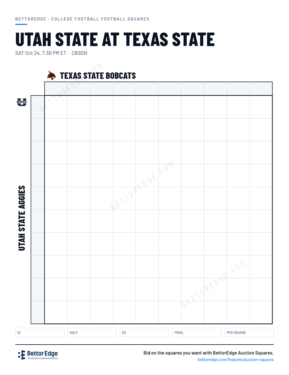 Utah State at Texas State squares, free printable 10x10 football squares grid