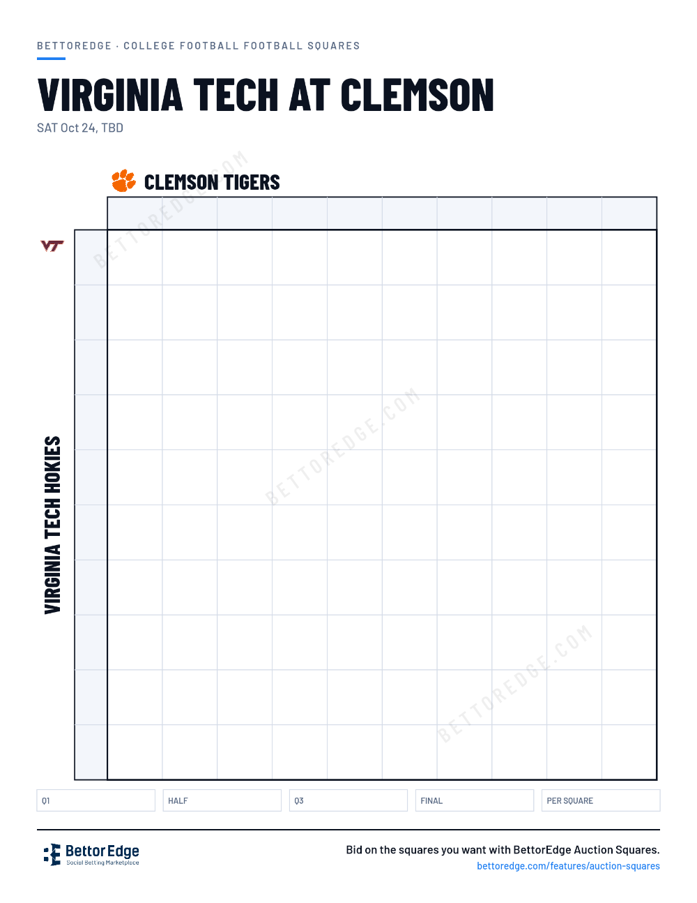 Virginia Tech at Clemson squares, free printable 10x10 football squares grid