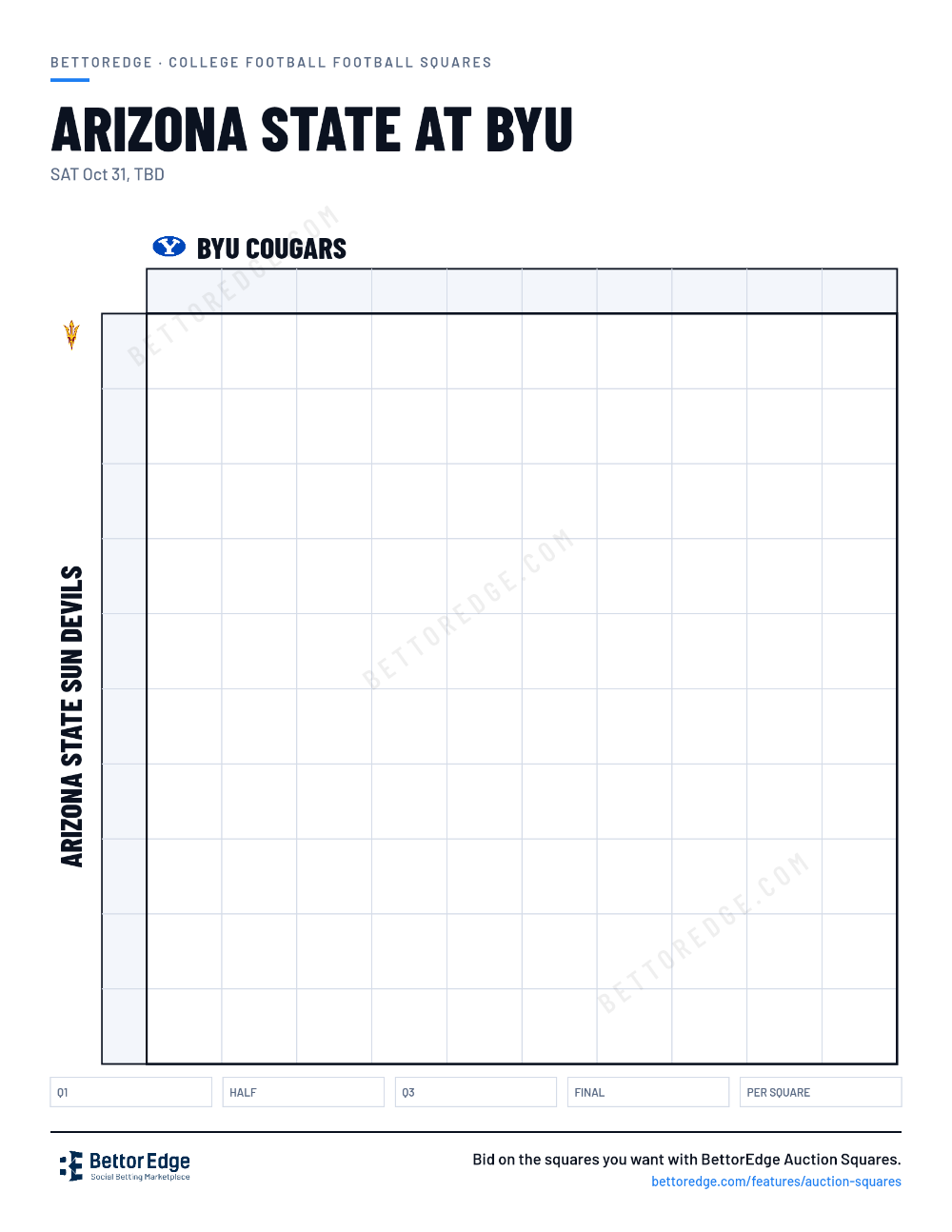 Arizona State at BYU squares, free printable 10x10 football squares grid