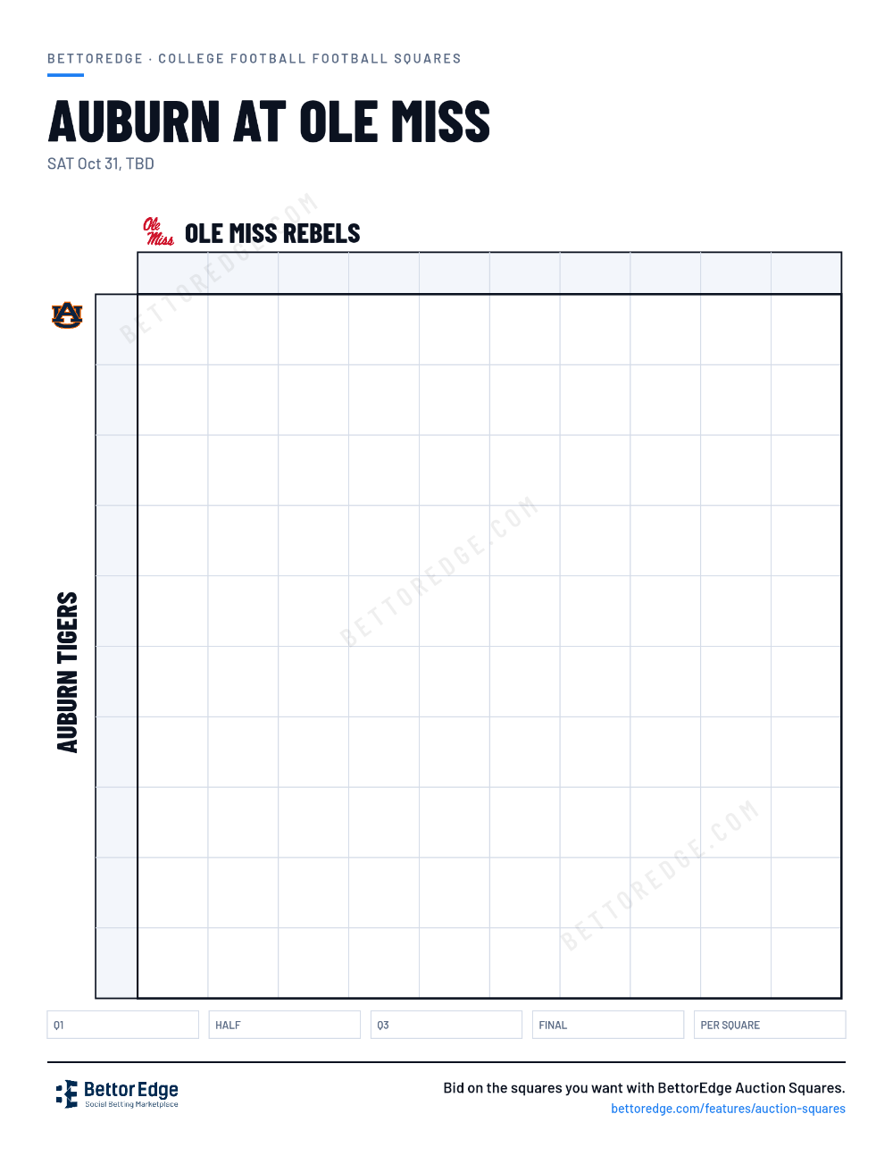 Auburn at Ole Miss squares, free printable 10x10 football squares grid