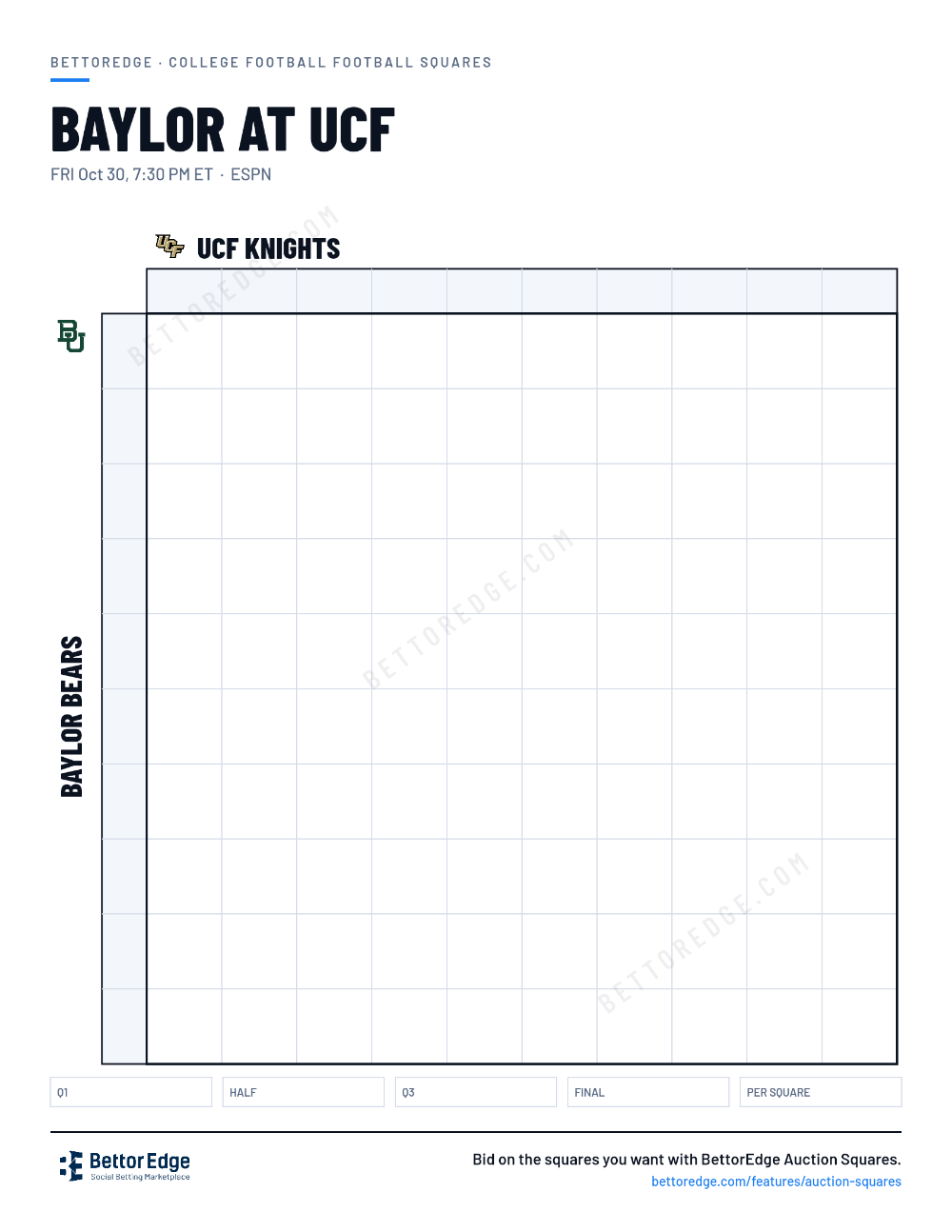 Baylor at UCF squares, free printable 10x10 football squares grid