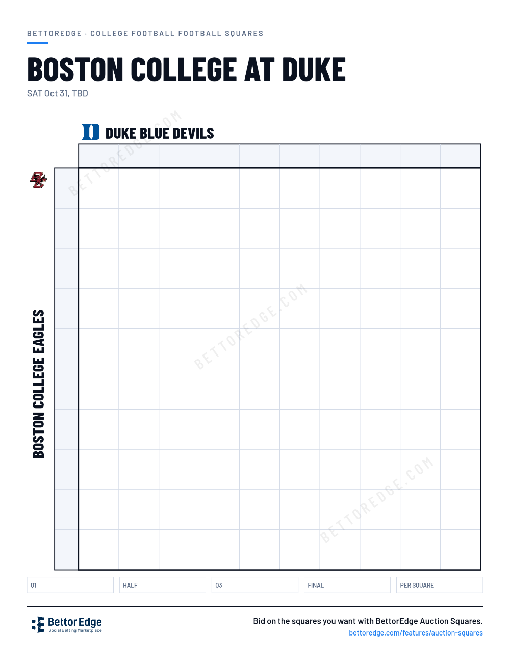 Boston College at Duke squares, free printable 10x10 football squares grid