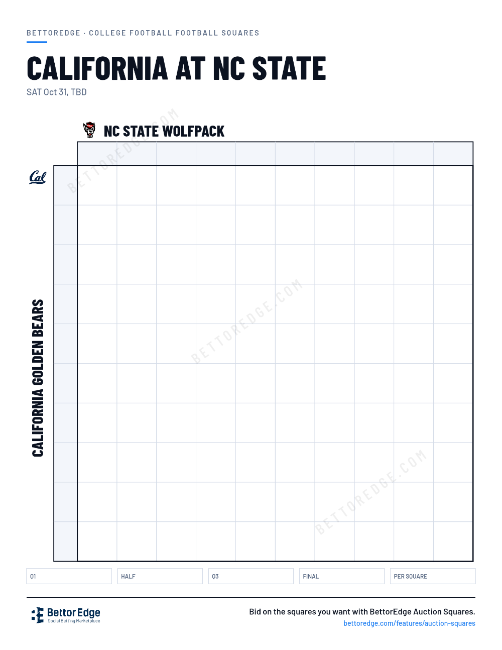 California at NC State squares, free printable 10x10 football squares grid
