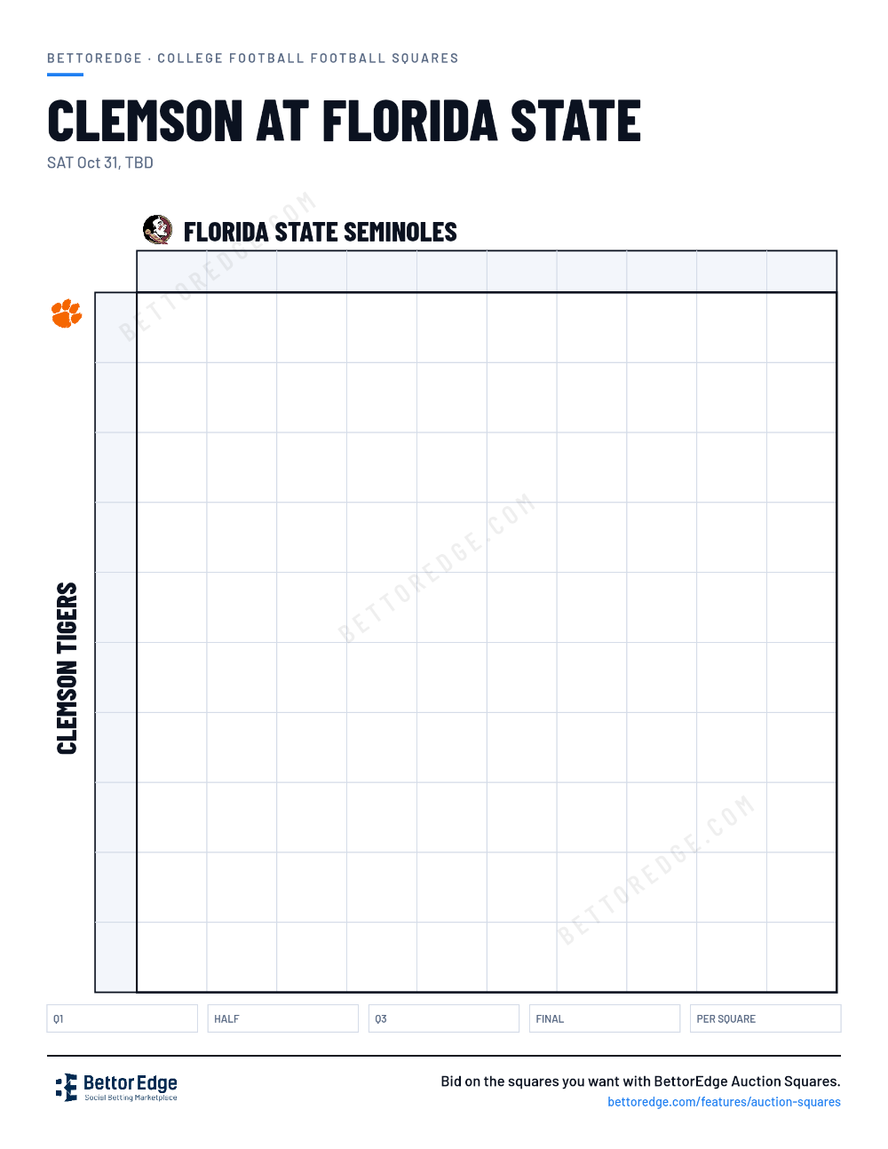 Clemson at Florida State squares, free printable 10x10 football squares grid
