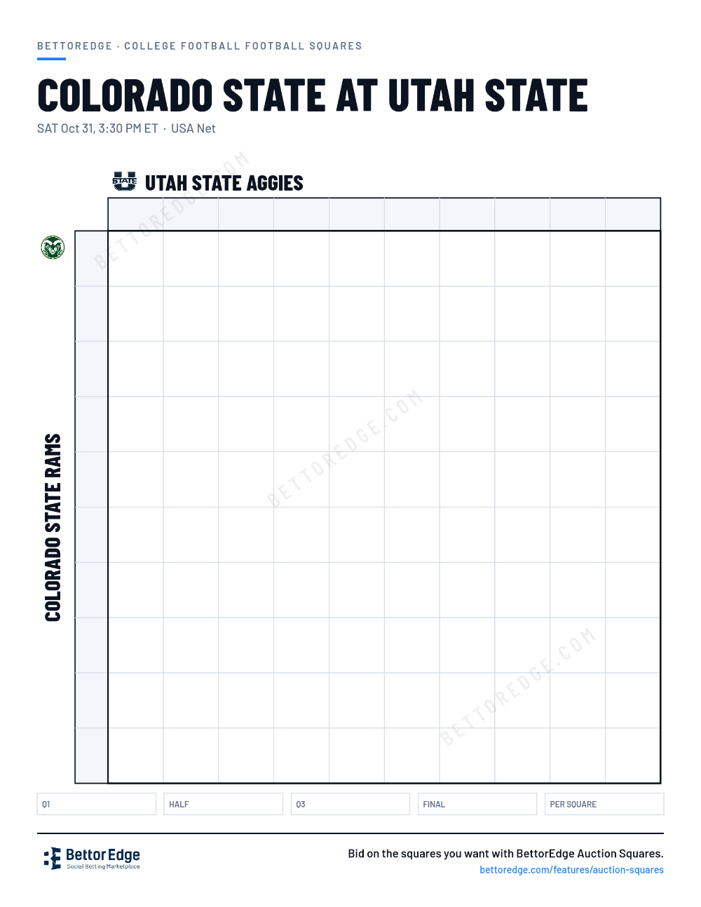 Colorado State at Utah State squares, free printable 10x10 football squares grid
