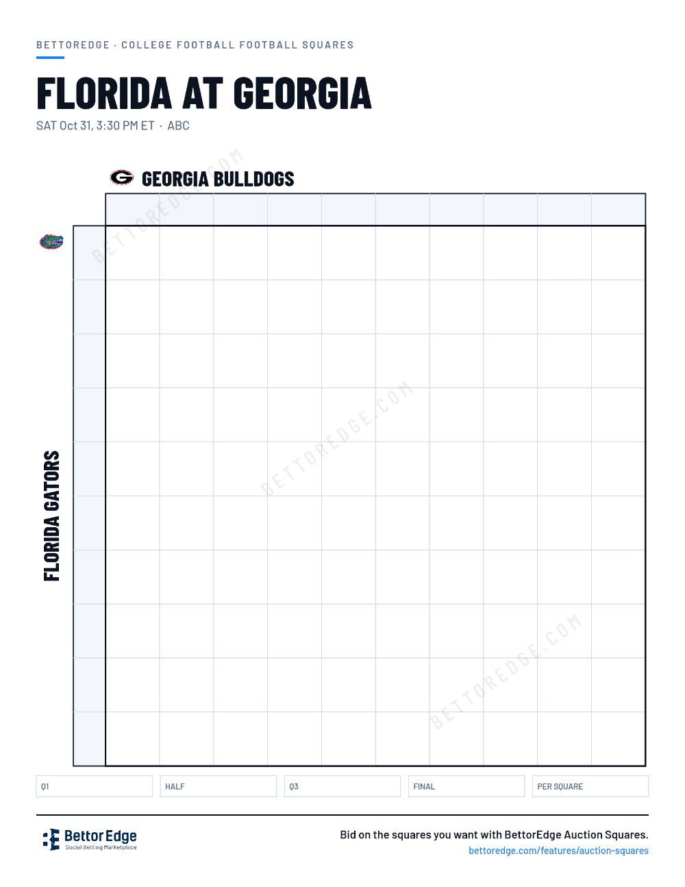 Florida at Georgia squares, free printable 10x10 football squares grid