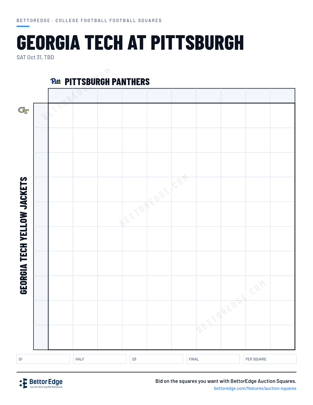 Georgia Tech at Pittsburgh squares, free printable 10x10 football squares grid