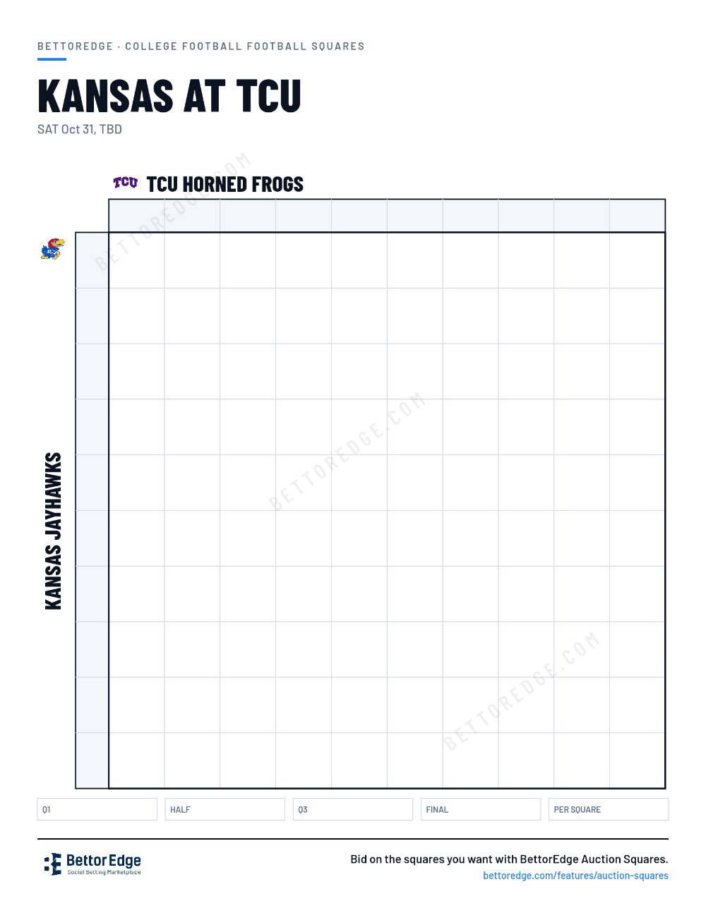 Kansas at TCU squares, free printable 10x10 football squares grid