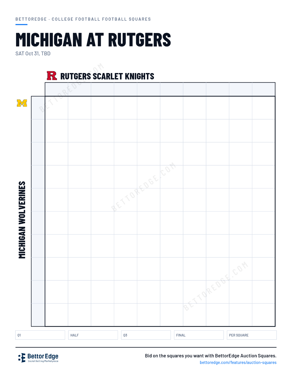 Michigan at Rutgers squares, free printable 10x10 football squares grid