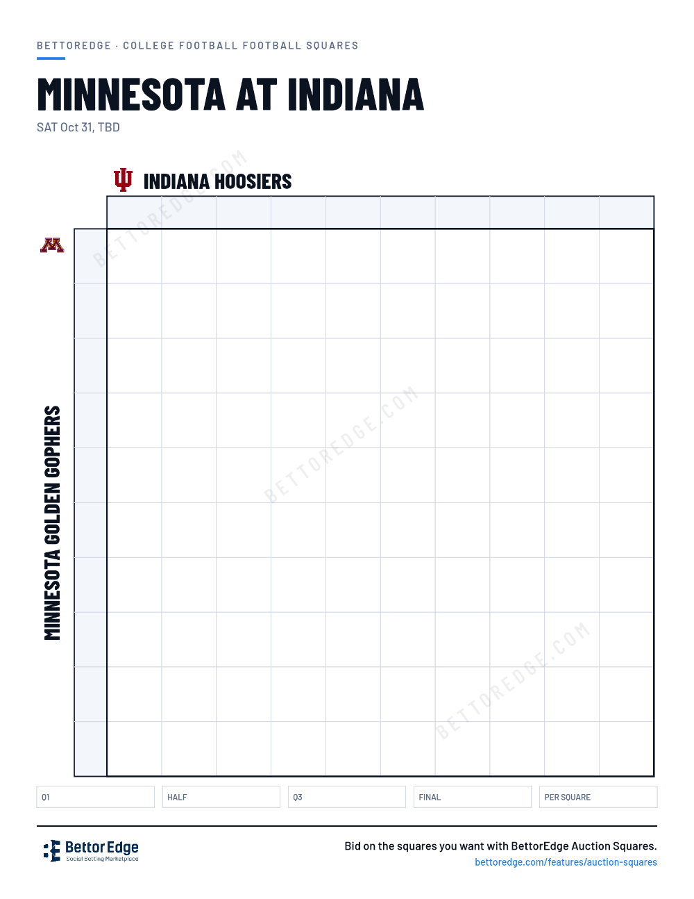 Minnesota at Indiana squares, free printable 10x10 football squares grid