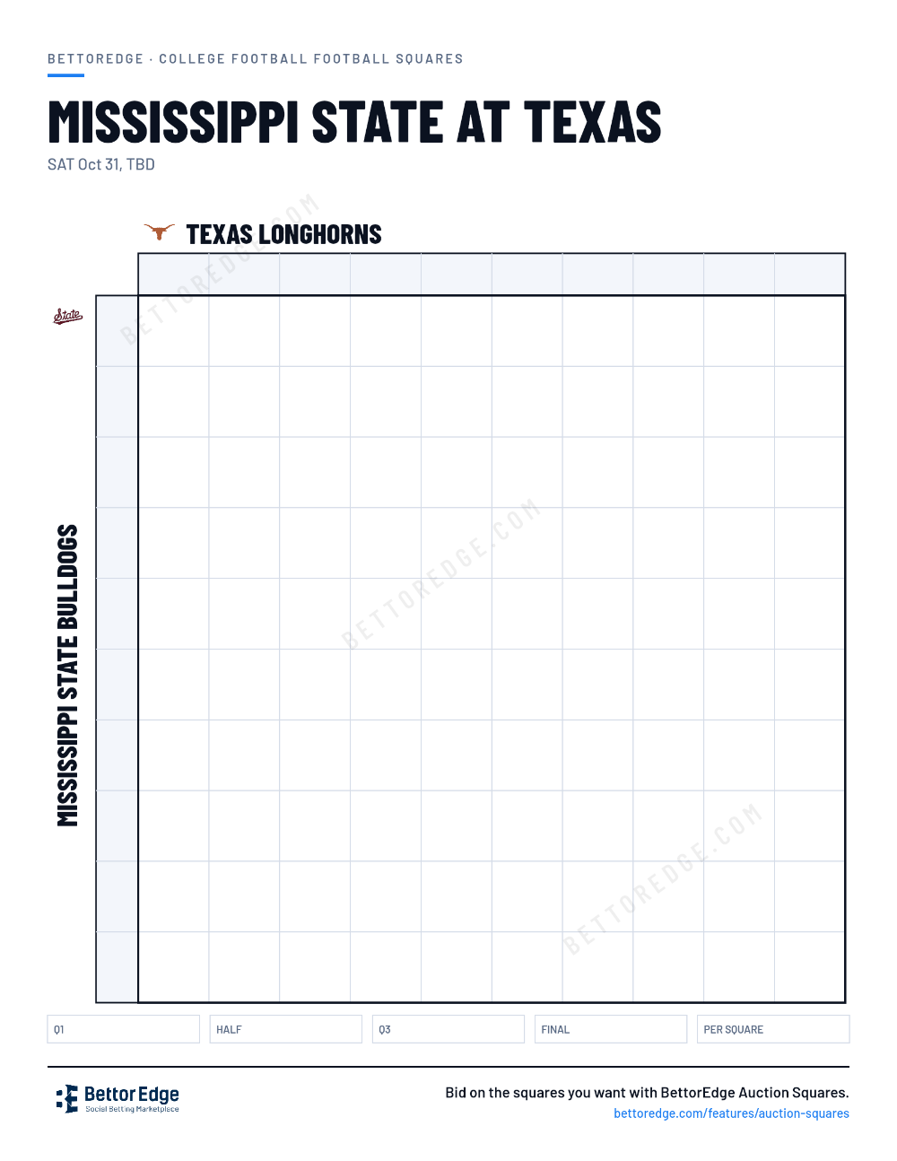 Mississippi State at Texas squares, free printable 10x10 football squares grid