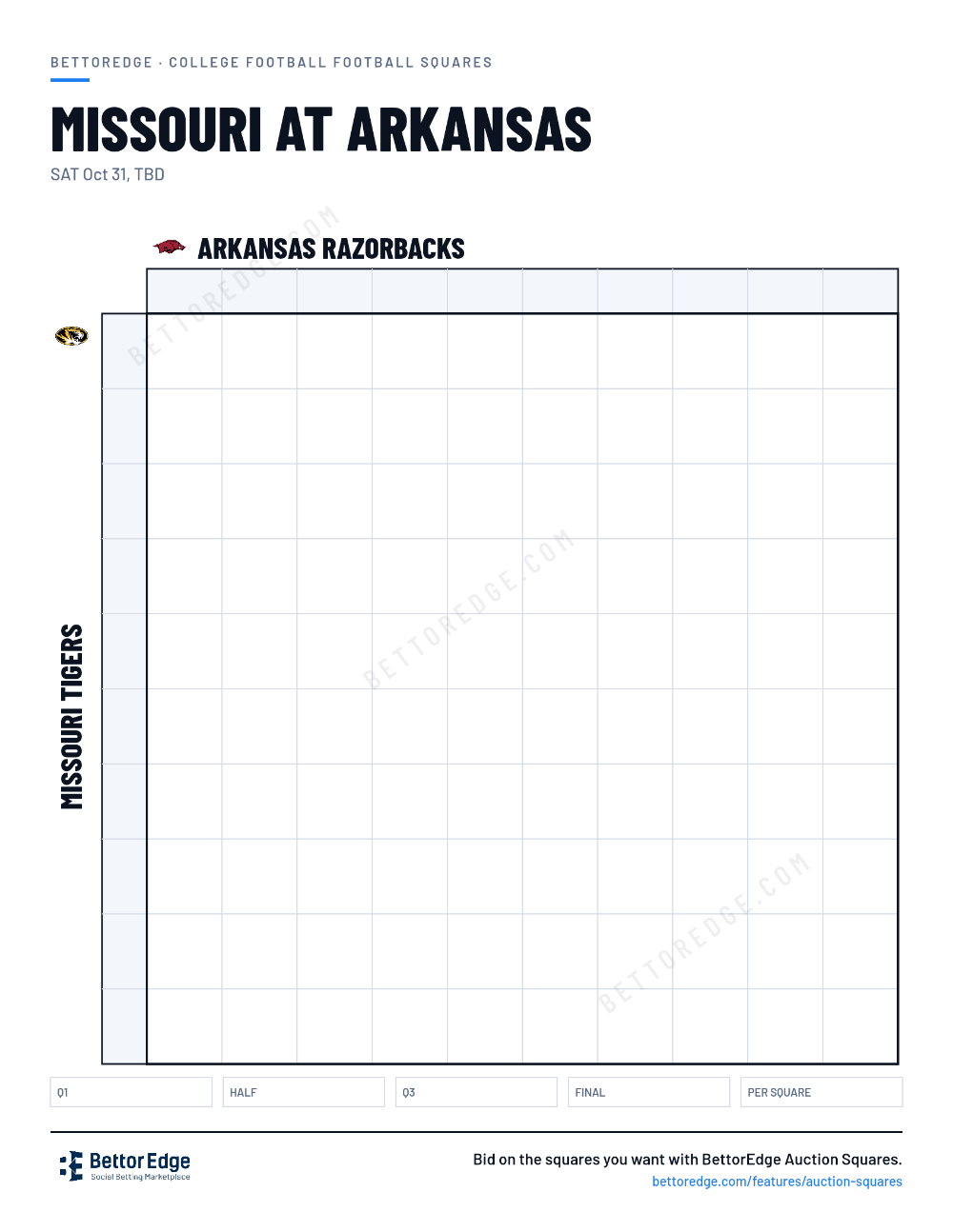 Missouri at Arkansas squares, free printable 10x10 football squares grid
