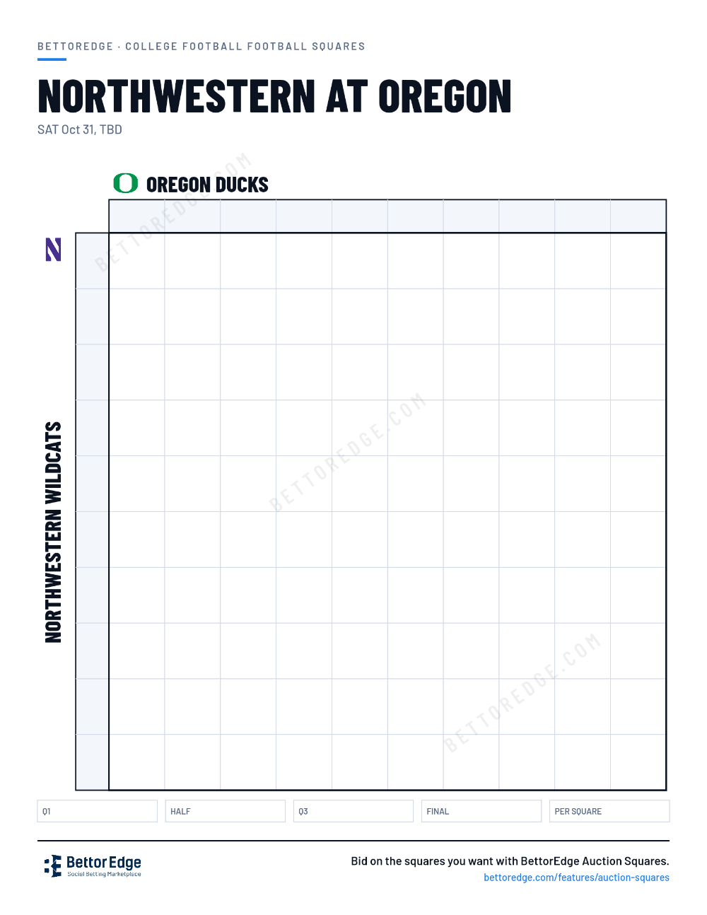 Northwestern at Oregon squares, free printable 10x10 football squares grid