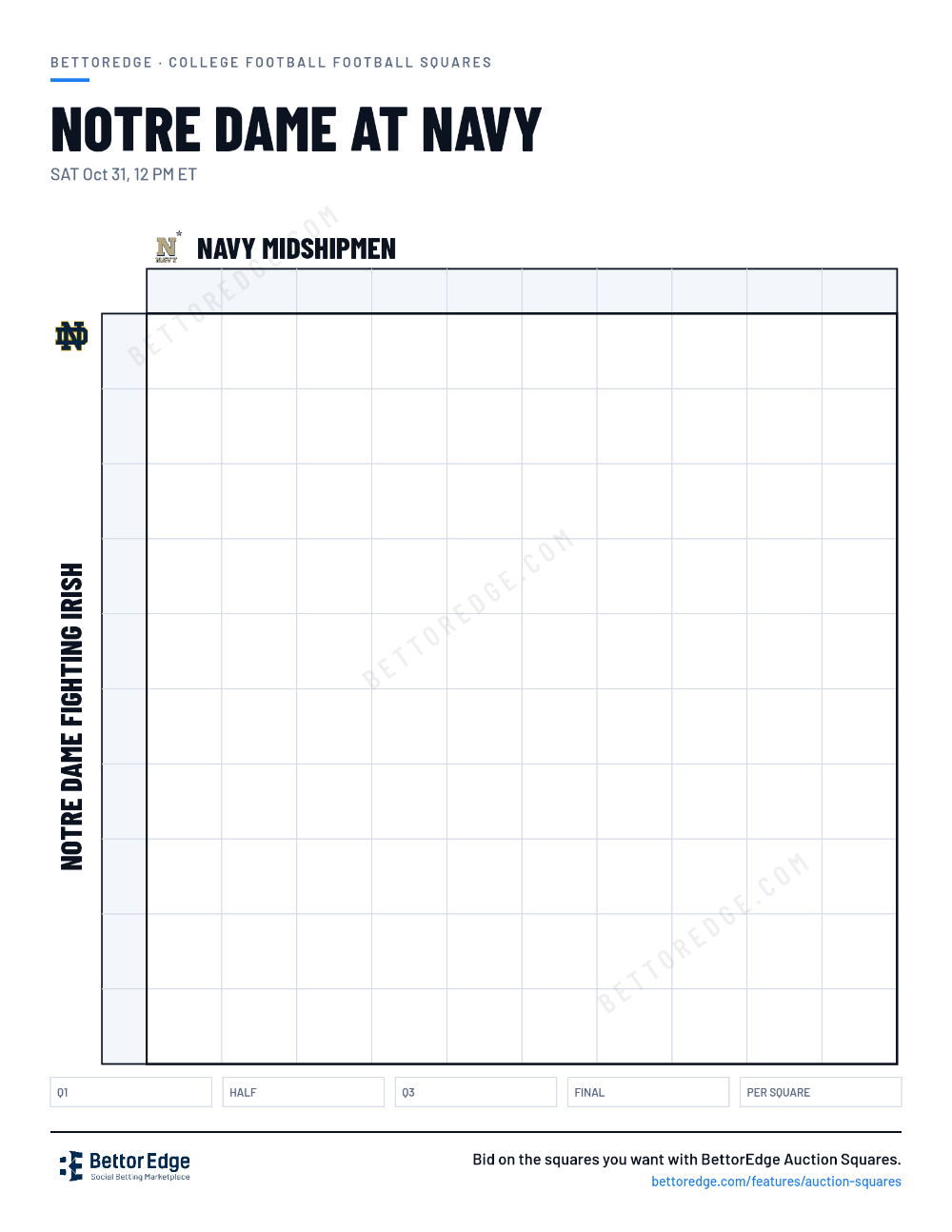 Notre Dame at Navy squares, free printable 10x10 football squares grid