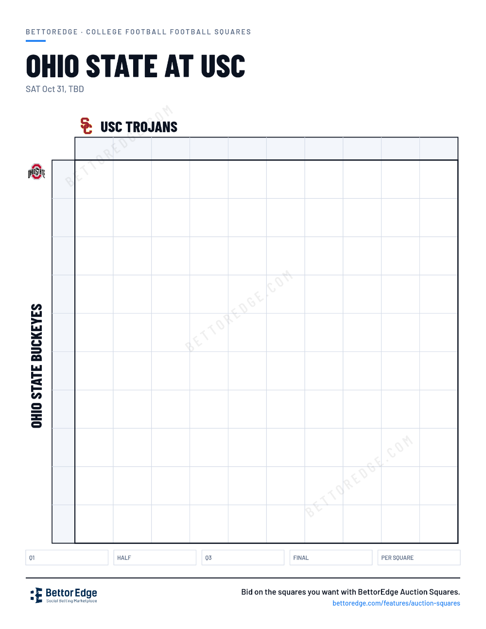 Ohio State at USC squares, free printable 10x10 football squares grid