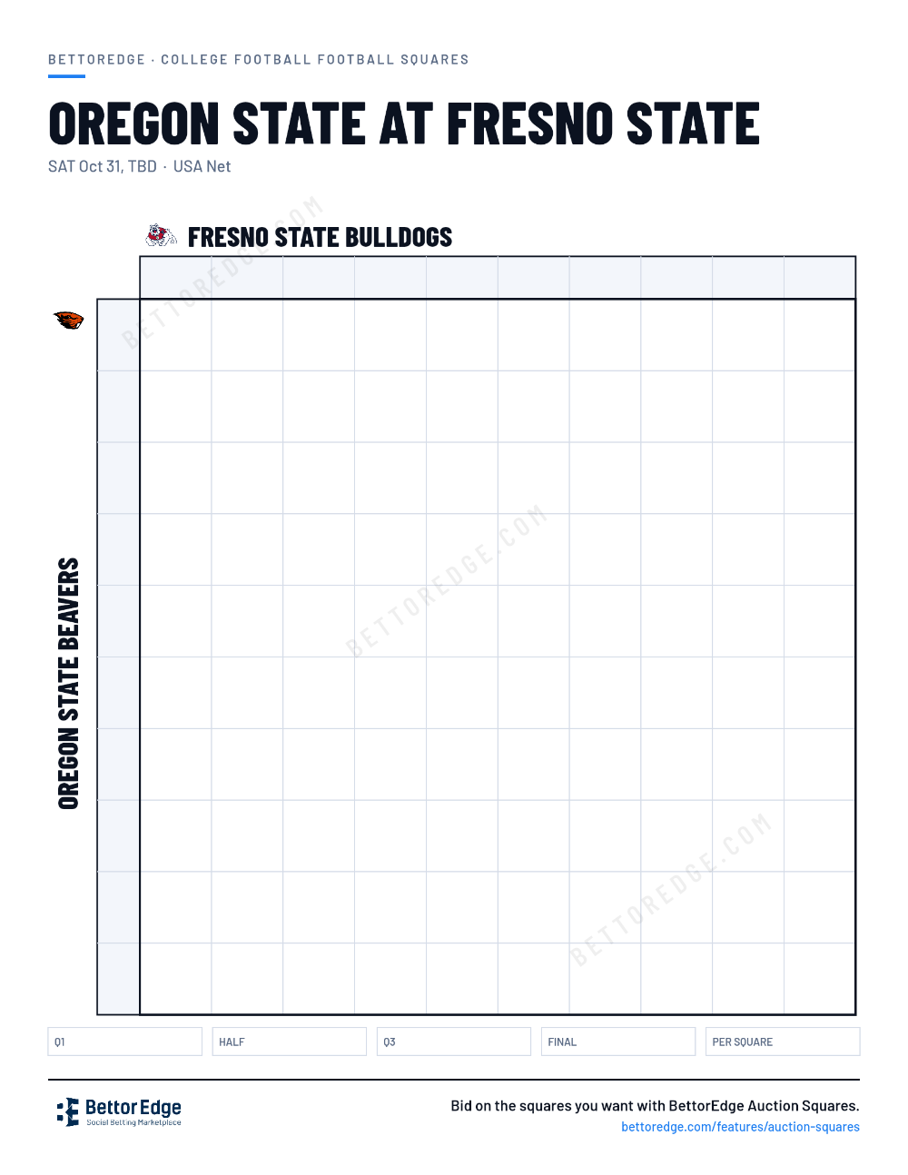Oregon State at Fresno State squares, free printable 10x10 football squares grid